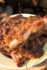 Close up view of juicy pork steak on fork cooked on an open flame grill on big white plate..