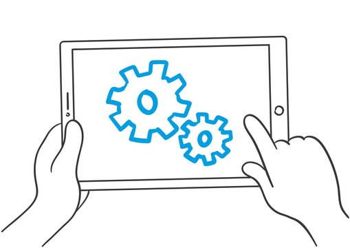 tablet with blue gears, hand touching clip art preview