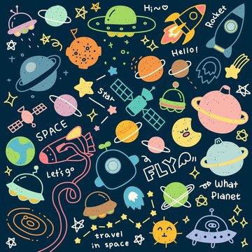 Set of Cute Travel in Space Doodle