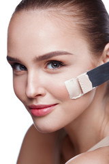 Beautiful Woman Applying Foundation Cream, Makeup On Beauty Face