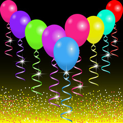 Bright balloons and ribbons on the sparkling background with spangles and flashes