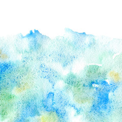 Blue and green watery illustration. Abstract watercolor hand drawn image.Wet splash.White background.