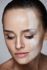 Facial Cosmetics. Sexy Woman With Fresh Makeup And Smooth Skin