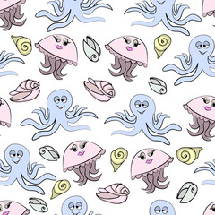 Funny jellyfish, octopus and seashells on yellow background. Seamless pattern.