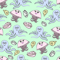 Funny jellyfish, octopus and seashells on green background. Seamless pattern.
