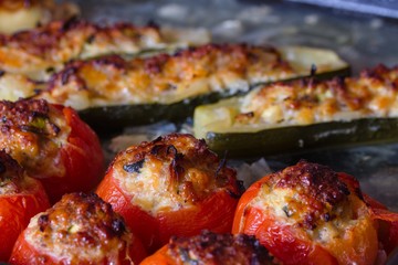 Roasted stuffed tomatoes and zuchini with ground meat