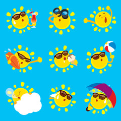 Collection of summer sun. A variety of sun character for summer design.