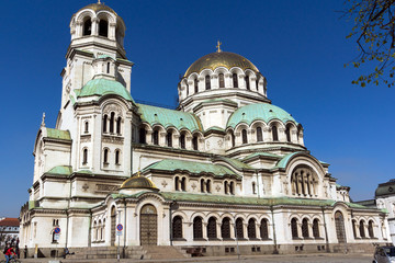 Fototapeta na wymiar SOFIA, BULGARIA - APRIL 1, 2017: Amazing view of Cathedral Saint Alexander Nevski in Sofia, Bulgaria