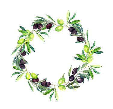 Olives branches - olive tree . Round wreath. Watercolor