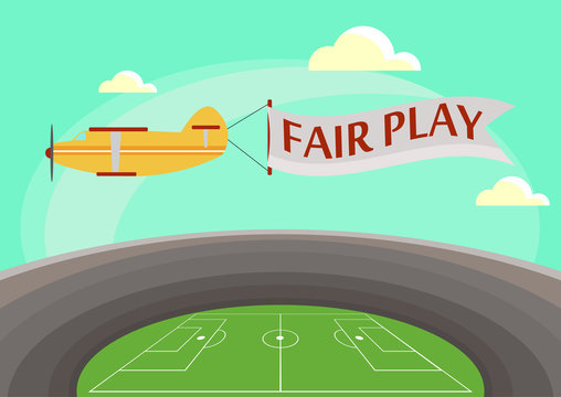 The image of an airplane flying over a football stadium with an attached banner with text fair play. Vector illustration in flat style.