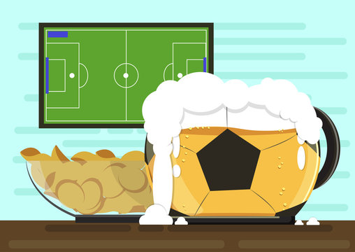 Mug in the form of soccer ball with foam kraft beer and a plate of crispy potato chips.Against the backdrop of the TV screen with the broadcast of football championship.Flat style Vector illustration