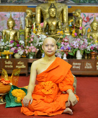 portrait of buddhist monk in temble in Bangkok, Thailand, Asian person