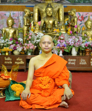 portrait of buddhist monk in temble in Bangkok, Thailand, Asian person