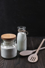 Preparation of gingerbread cookies. Ingredients and tools necessary to make gingerbread pastry