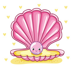 Smiley sea pearl in pink shell on hearts background