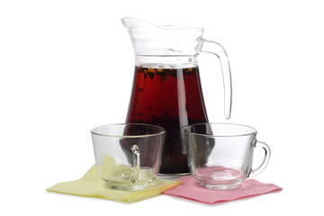 Glass cup with tea on white background