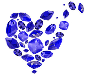 broren heart symbol from blue sapphire gems on white