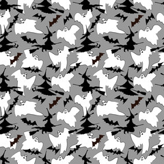 witches, ghosts, bats. seamless pattern, black and white