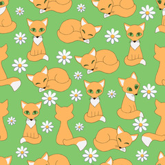 Little foxes and chamomiles. Seamless pattern on green background.