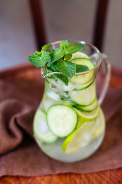 Infused water with cucumber, lime and mint