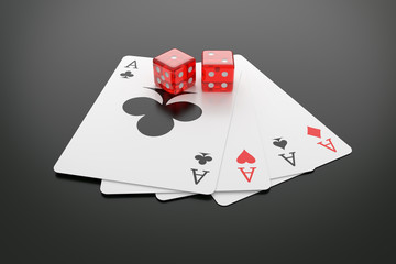 Poker chips, Playing cards and Casino dice on table. 3D illustration