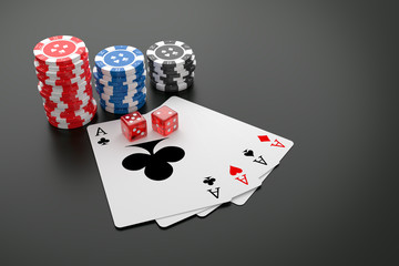 Poker chips, Playing cards and Casino dice on table. 3D illustration