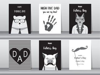 Set of Happy Father's Day card ,poster,template,greeting cards,cute,bear,cats,pig,animals,Vector illustrations
