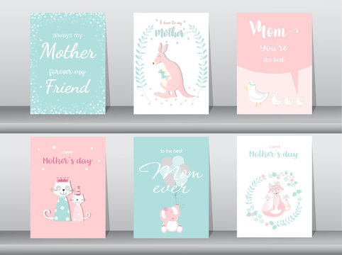 Set of Happy Mother's Day card,poster,template,greeting cards,cute,kangaroo,cats,elephant,fox,animal,Vector illustrations