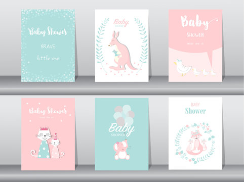 Set of baby shower invitation cards,birthday cards,poster,template,greeting cards,cute,kangaroo,cats,elephant,fox,animal,Vector illustrations