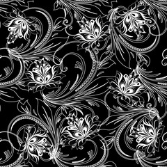 Floral seamless pattern. Black background wallpaper illustration with white vintage line art  russian ornament, swirl leaves and  flowers. Vector flourish  texture for fabric, prints, textile