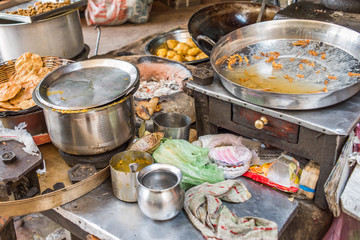 Dirty pots and pans after cooking street food in Varanasi
