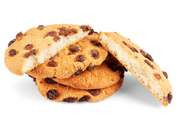 Oatmeal cookies with raisin on white background
