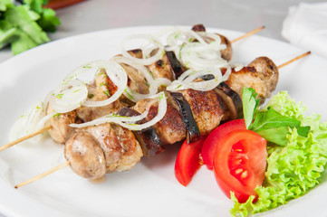 Skewers of grilled meat and vegetables on the white plate, restaurant menu, Selective focus, Close up