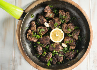 Fried meat in a frying pan