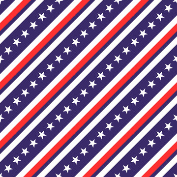 USA patriotic seamless pattern with diagonal stripes and stars