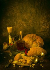 still life with pumpkin, pumpkin a candle fruit, wine with pumpkin, fruit, vegetables, wine, a...
