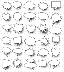 Obraz premium A set of comic speech bubbles and elements with halftone shadows.