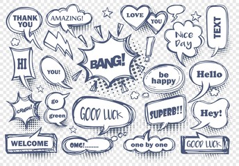 set of speech bubbles with dialog words: Hello, Love, chat, welcome, thank you, bang,amazing