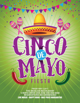 Cinco De Mayo design for celebration of the Mexican holiday on the fifth (Cinco) of May (Mayo). EPS 10 vector.