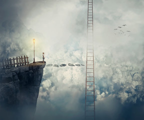 Imaginary view as a young boy stand on the peak of a cliff above clouds thinking how to reach a...