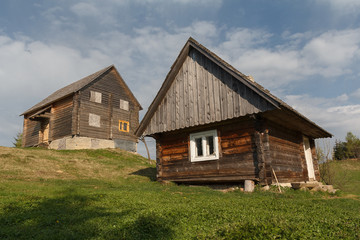 Fototapeta na wymiar Two wooden village houses on a sunny onion. Carpathians, Ukraine