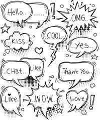 set of speech bubbles with dialog words: Hello, Love, chat, like, thank you, cool.