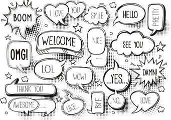 A set of comic speech bubbles and elements with halftone shadows.