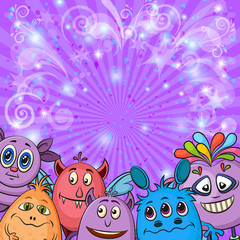 Fototapeta na wymiar Background for Your Holiday Party Design with Different Cartoon Monsters, Colorful Illustration with Cute Funny Characters. Vector.