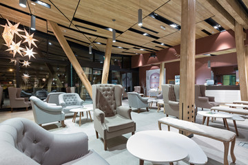 Interior of a mountain hotel lobby