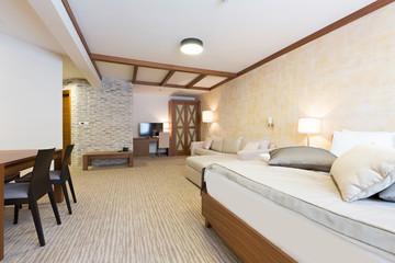 Hotel apartment, bedroom interior in the evening
