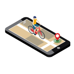 Isometric location. Mobile geo tracking. Male cyclist riding on a bicycle. Map