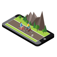 Isometric countryside. Summer road. Mobile geo tracking. Map. Woman and man cycling on countryside summer sunny road or highway