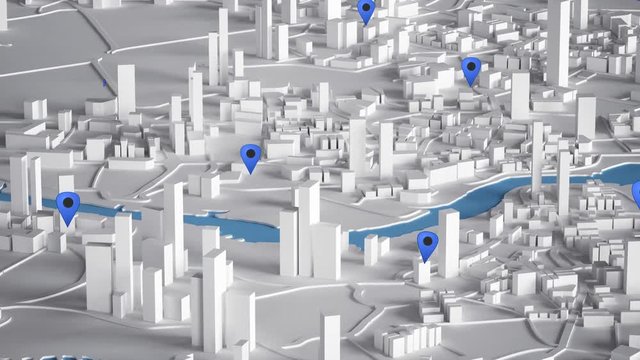 Aerial View of City Buildings 3D Rendering With Blue Point Map 4K Animation