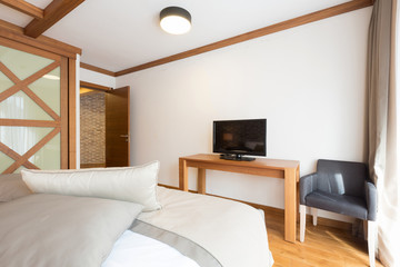 Hotel apartment, bedroom interior in the morning